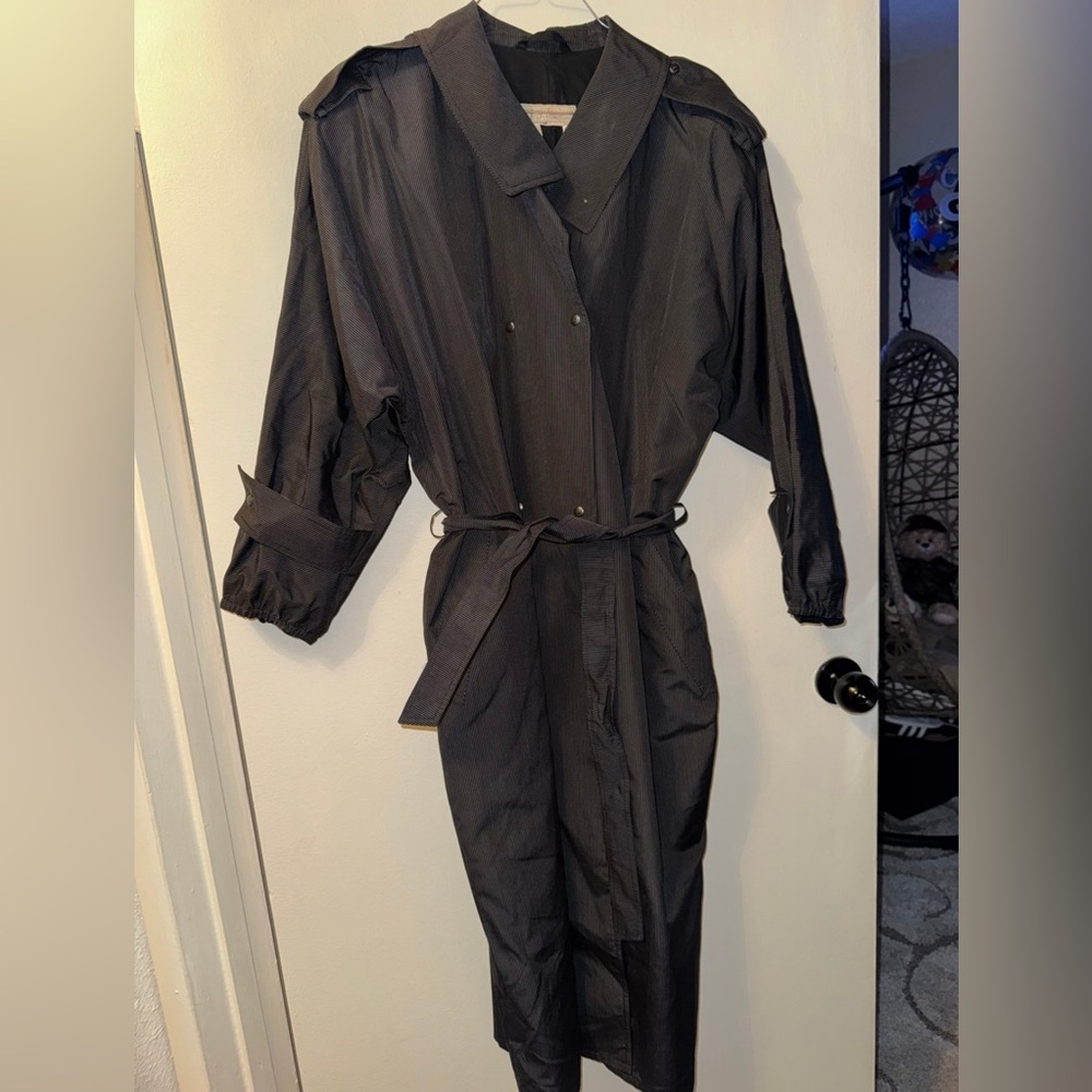 Vintage 1970s/80s Gucci Charcoal/White Striped Trench Coat, Size 40 (women’s)